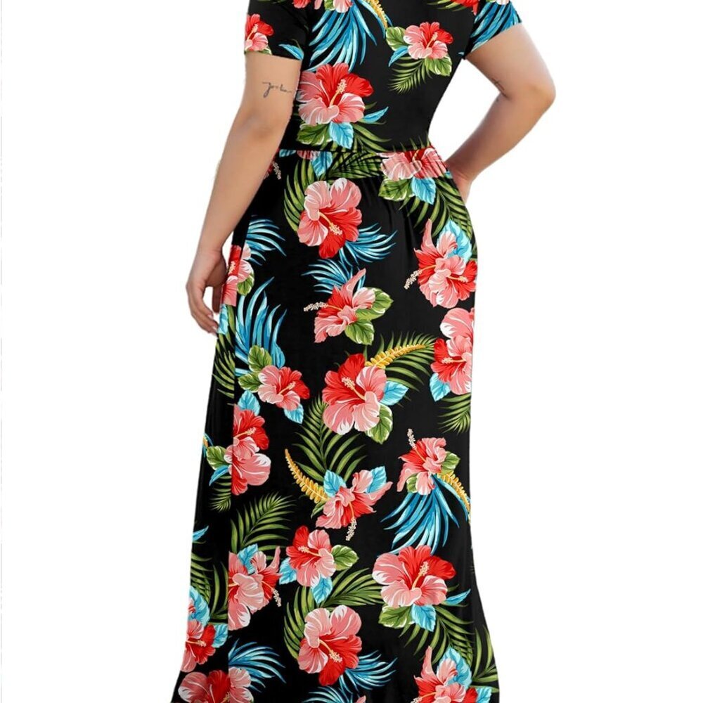 Women's Plus Size Maxi Dress Rayon Spandex V-Neck Pockets Casual Summer - Picture 4 of 5